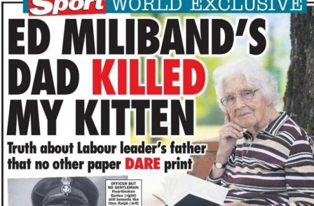 Sunday Sport accuses Ralph Miliband of killing a kitten